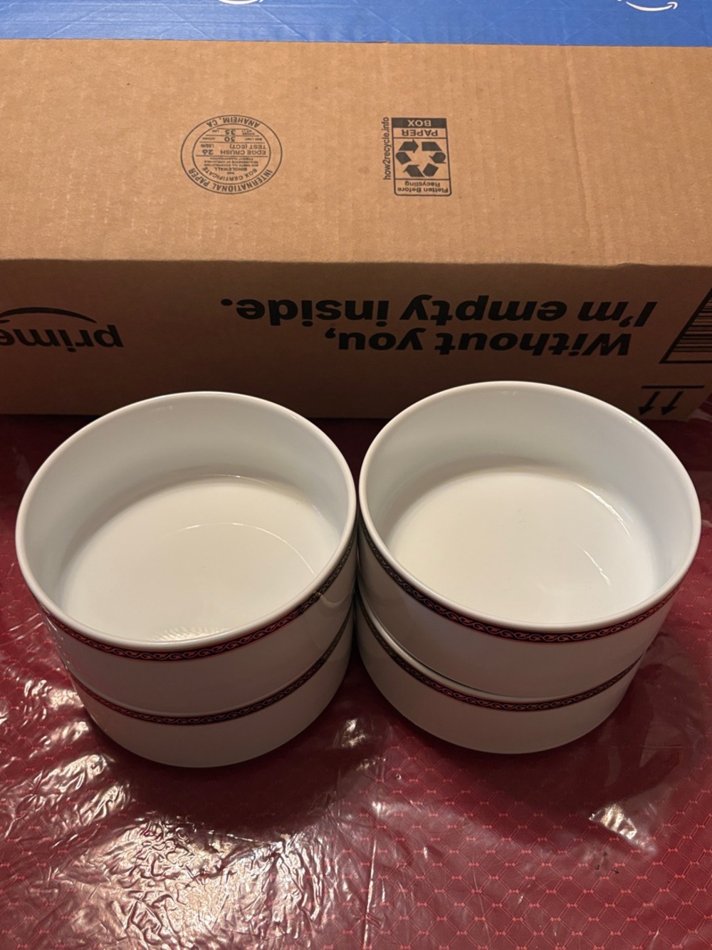 White Glass Serving Bowls with Red Border - Set of 4